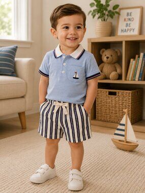 NWT Baby Essentials Toddler Boys 2 Piece Polo Shirt & Striped Shorts Set